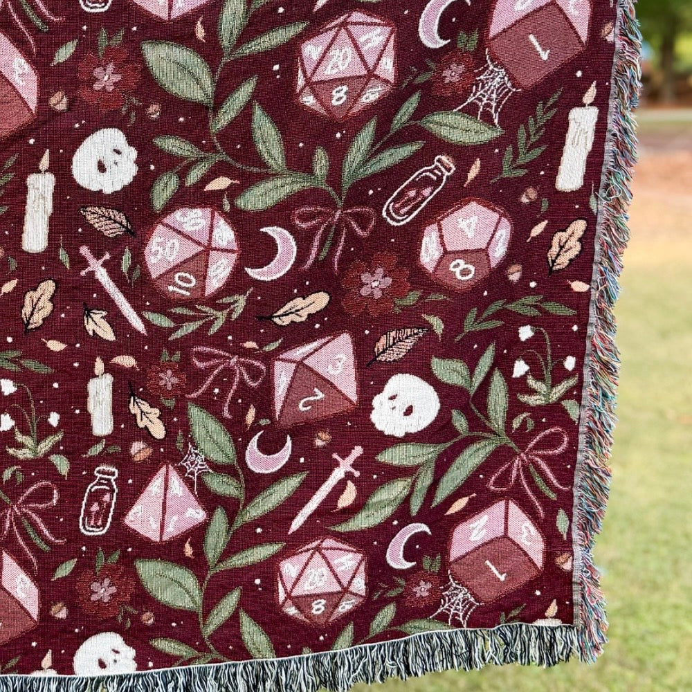 Dark Botanical Dice Woven Throw Blanket | TTRPG Tapestry Blanket | Skulls, Moons & Dice Fringe Throw