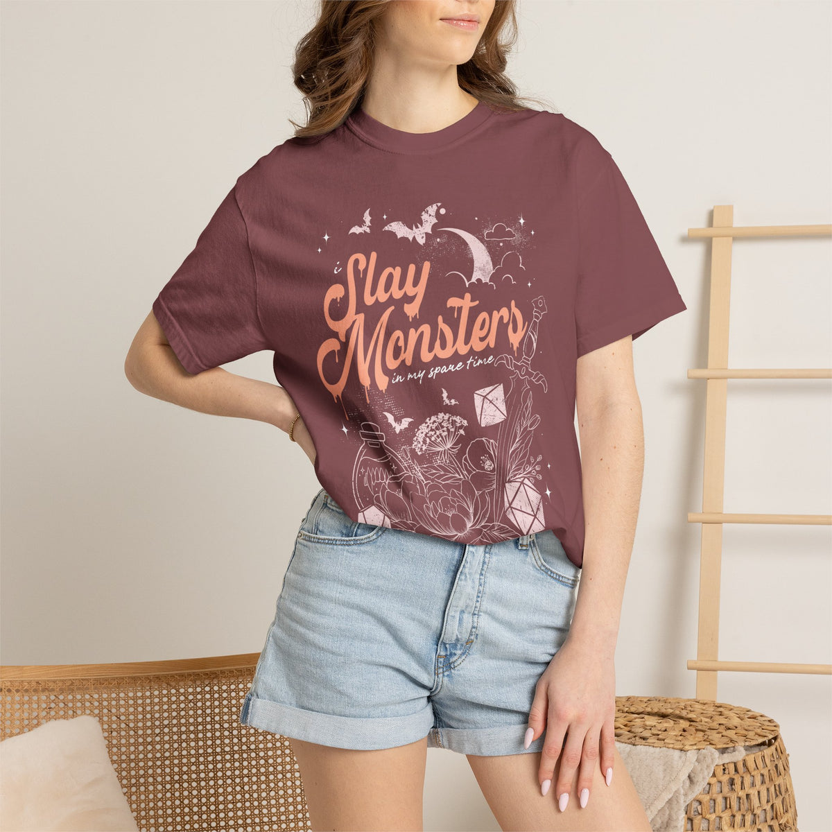 “I Slay Monsters in My Spare Time” Comfort Colors Tee | Dark Fantasy TTRPG Graphic T-Shirt | Gothic Tabletop Gamer Shirt