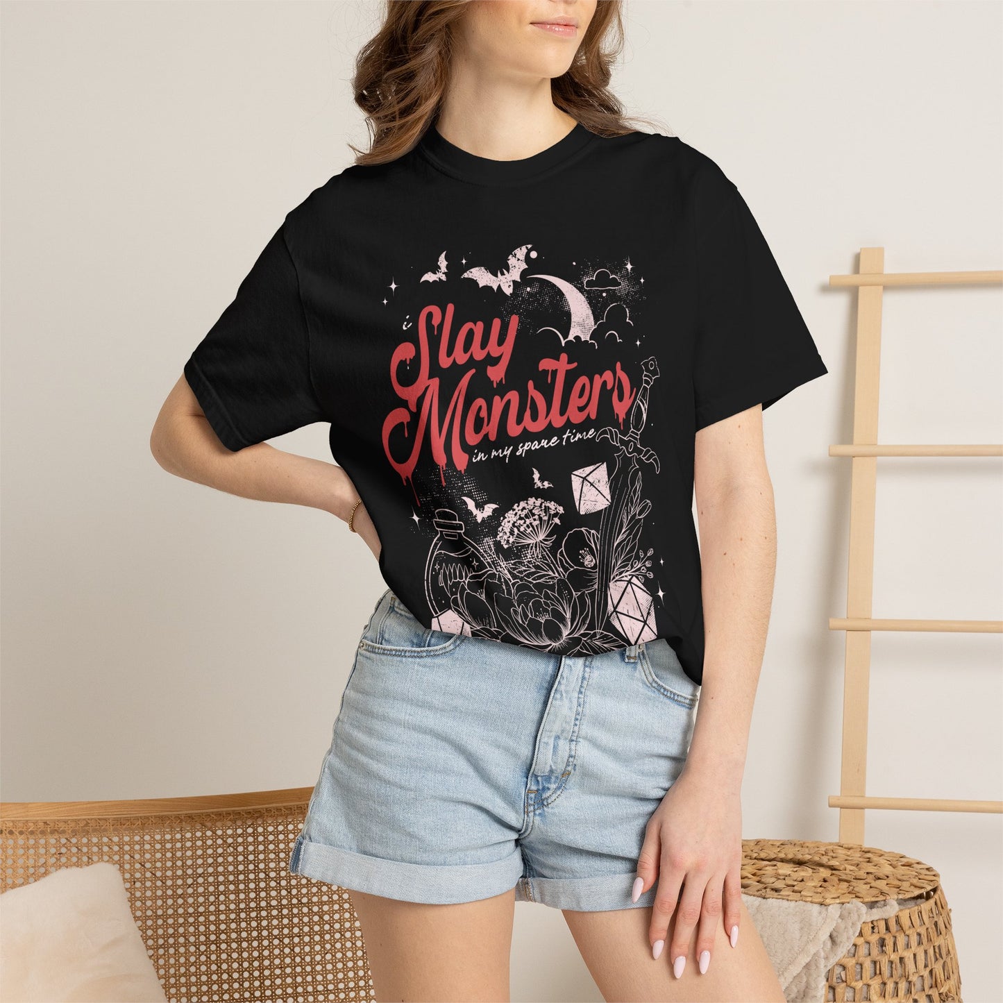 “I Slay Monsters in My Spare Time” Comfort Colors Tee | Dark Fantasy TTRPG Graphic T-Shirt | Gothic Tabletop Gamer Shirt