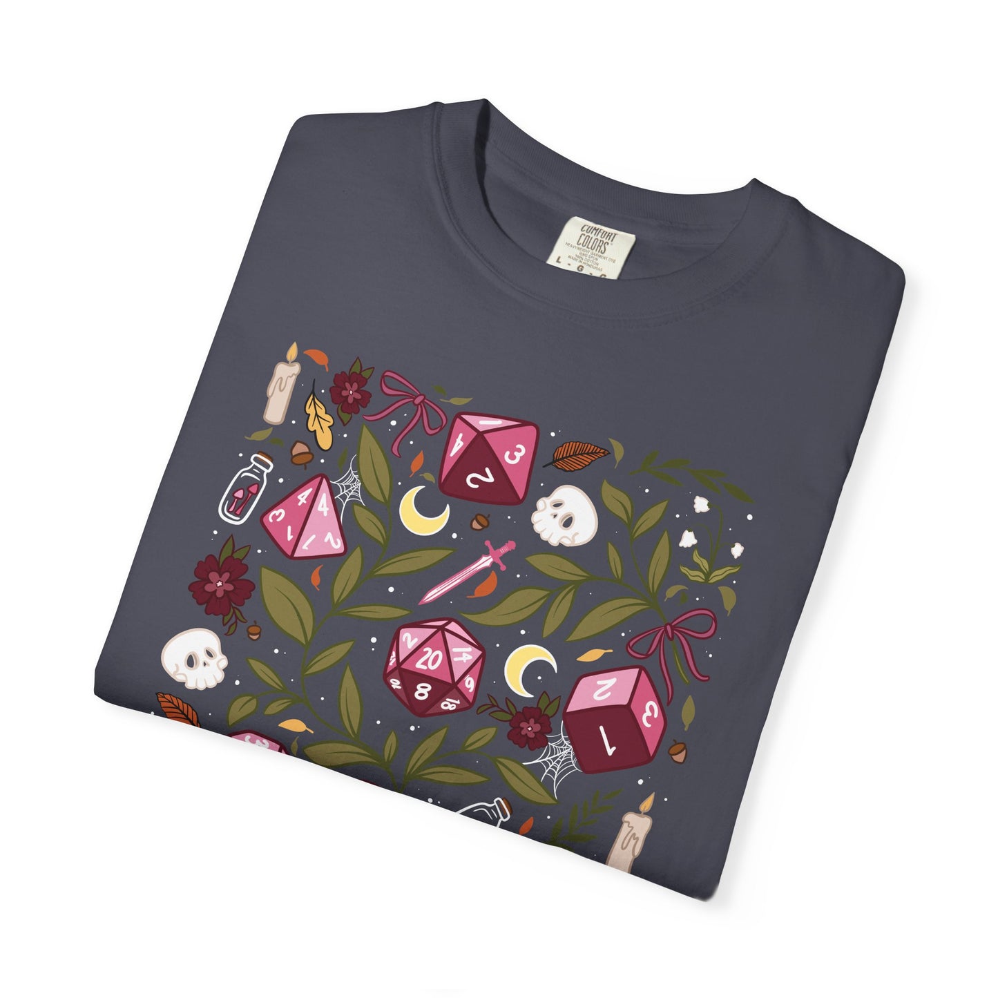 “Let’s Stay In” Tabletop Game Night Tee | Dark Academia Dice & Botanical Comfort Colors Shirt | Cozy TTRPG Graphic T-Shirt