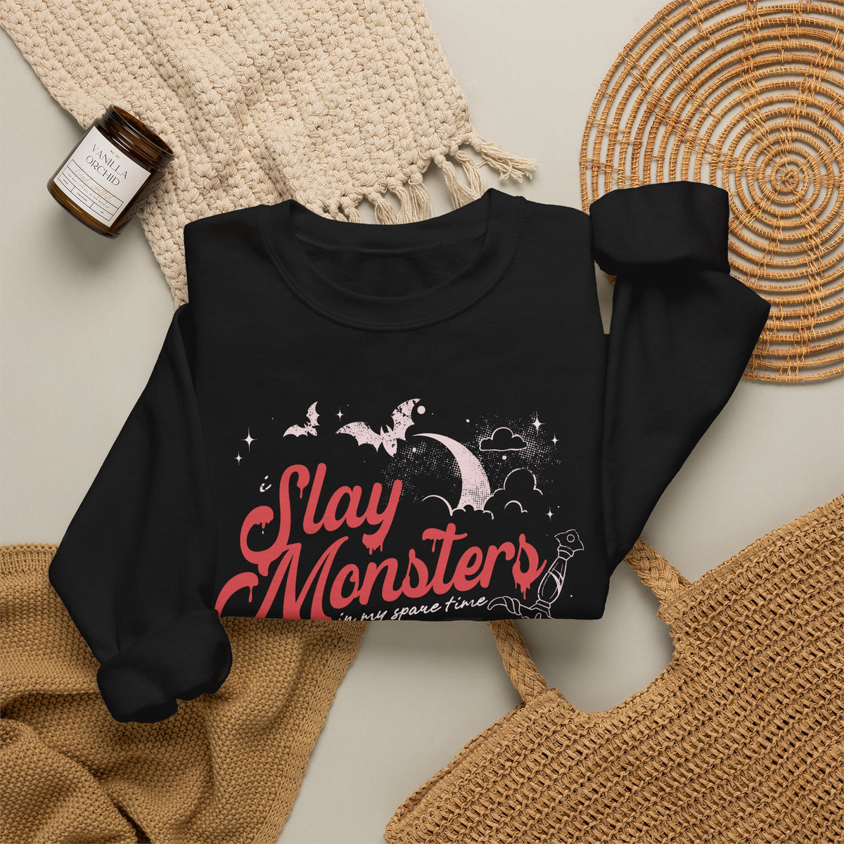 “I Slay Monsters in My Spare Time” Sweatshirt | Dark Fantasy TTRPG Crewneck | Gothic Tabletop Gamer Sweatshirt