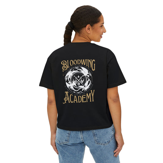 Bloodwing Academy 2-Sided Cropped Tee | Licensed Fantasy Book Shirt | Boxy Fit Romantasy Top