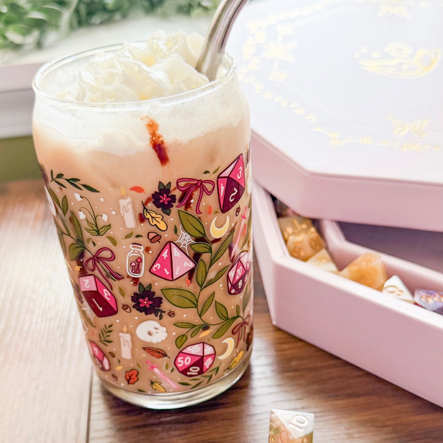 TTRPG Autumn Dice Glass Cup with Straw | Botanical Fantasy TTRPG Iced Coffee Cup | Tabletop Gaming Gift for Dungeon Master, Game Master & Dice Goblin