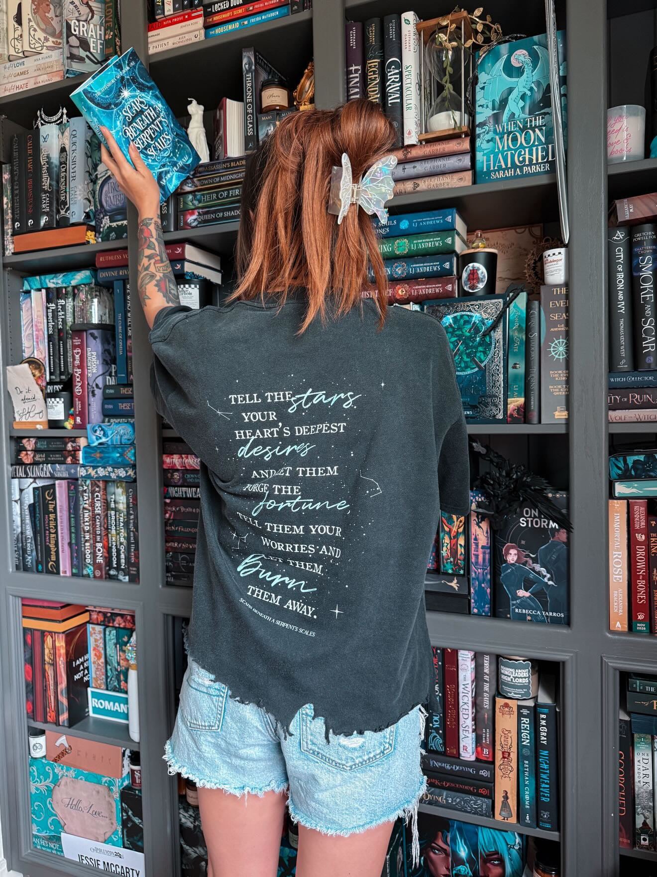 I’ll Tell The Stars About You Vintage Wash Boxy Distressed Hem T-Shirt | Officially Licensed Scars Beneath a Serpent’s Scales Tee | Nicole Platania Fantasy Book Shirt