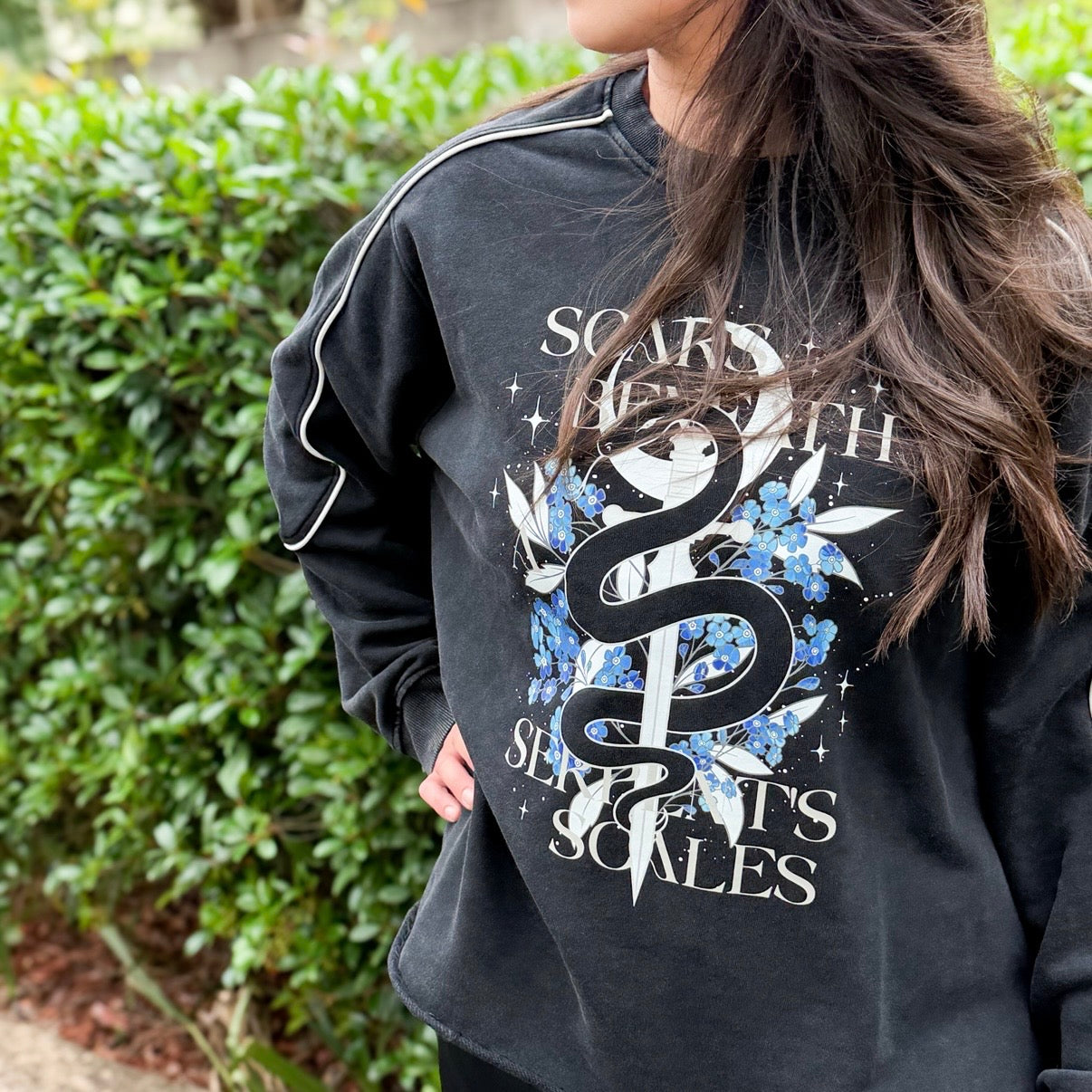 Scars Beneath a Serpent’s Scales Mineral Wash Piping Raw Hem Sweatshirt | Officially Licensed Nicole Platania Crewneck