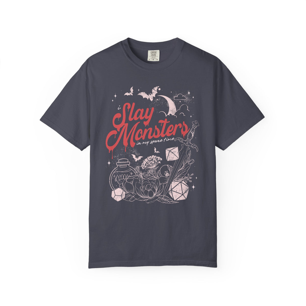 “I Slay Monsters in My Spare Time” Comfort Colors Tee | Dark Fantasy TTRPG Graphic T-Shirt | Gothic Tabletop Gamer Shirt