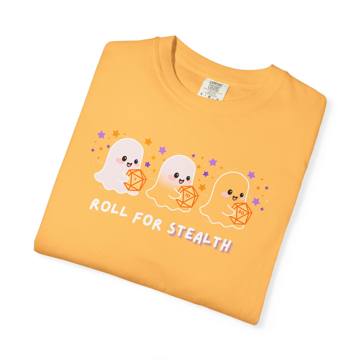 “Roll for Stealth” Ghost Dice Comfort Colors Tee | Cute Halloween TTRPG T-Shirt | Ghost Tabletop Gamer Shirt