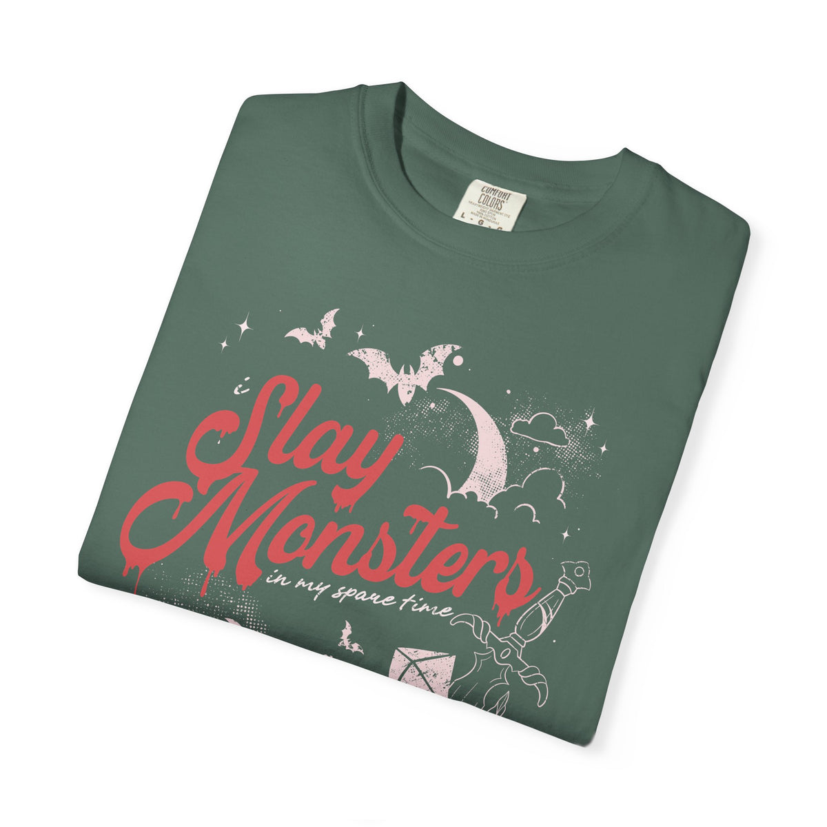 “I Slay Monsters in My Spare Time” Comfort Colors Tee | Dark Fantasy TTRPG Graphic T-Shirt | Gothic Tabletop Gamer Shirt