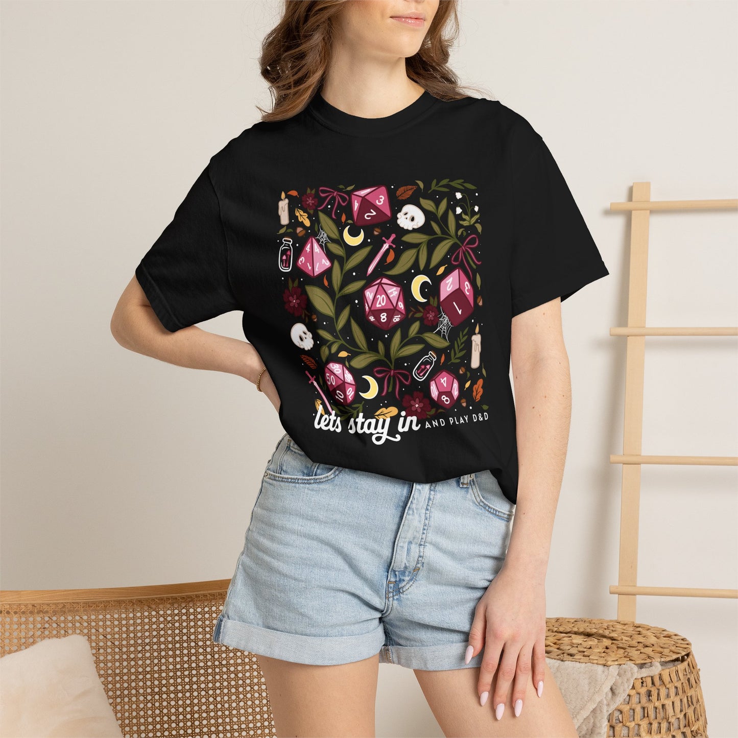 “Let’s Stay In” Tabletop Game Night Tee | Dark Academia Dice & Botanical Comfort Colors Shirt | Cozy TTRPG Graphic T-Shirt