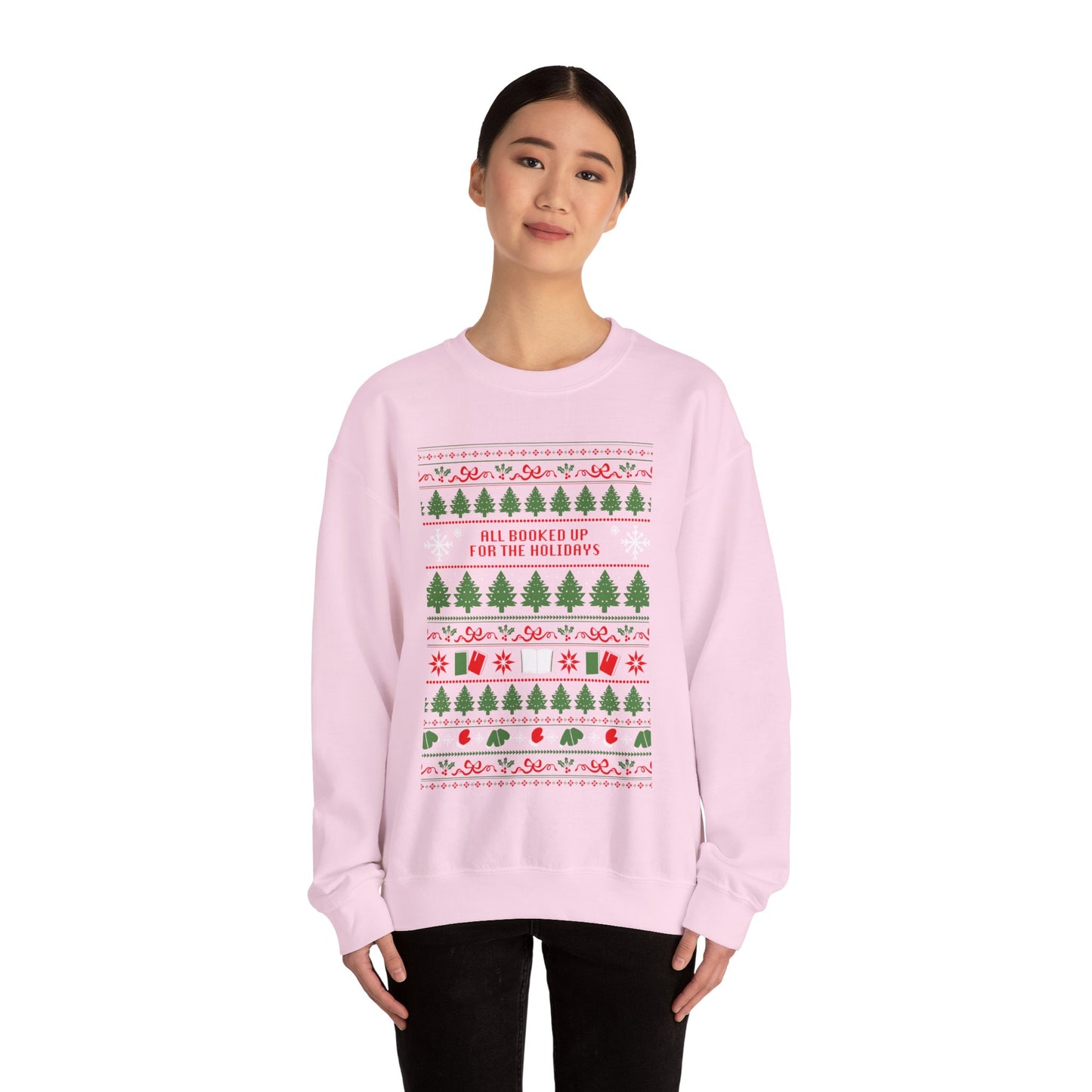 Holiday Crewneck Sweatshirt — 'All Booked Up for the Holidays' Christmas Sweater Design