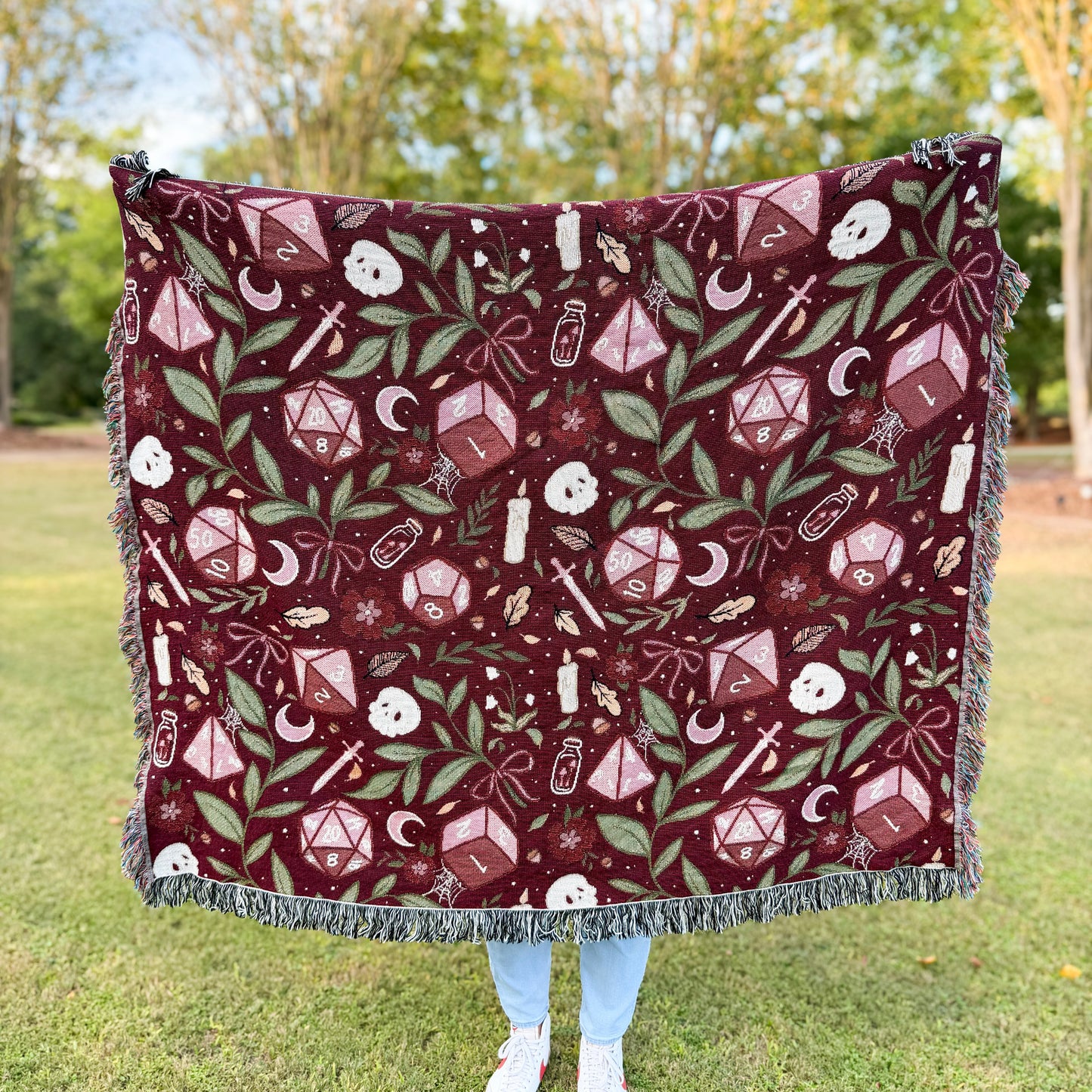 Dark Botanical Dice Woven Throw Blanket | TTRPG Tapestry Blanket | Skulls, Moons & Dice Fringe Throw