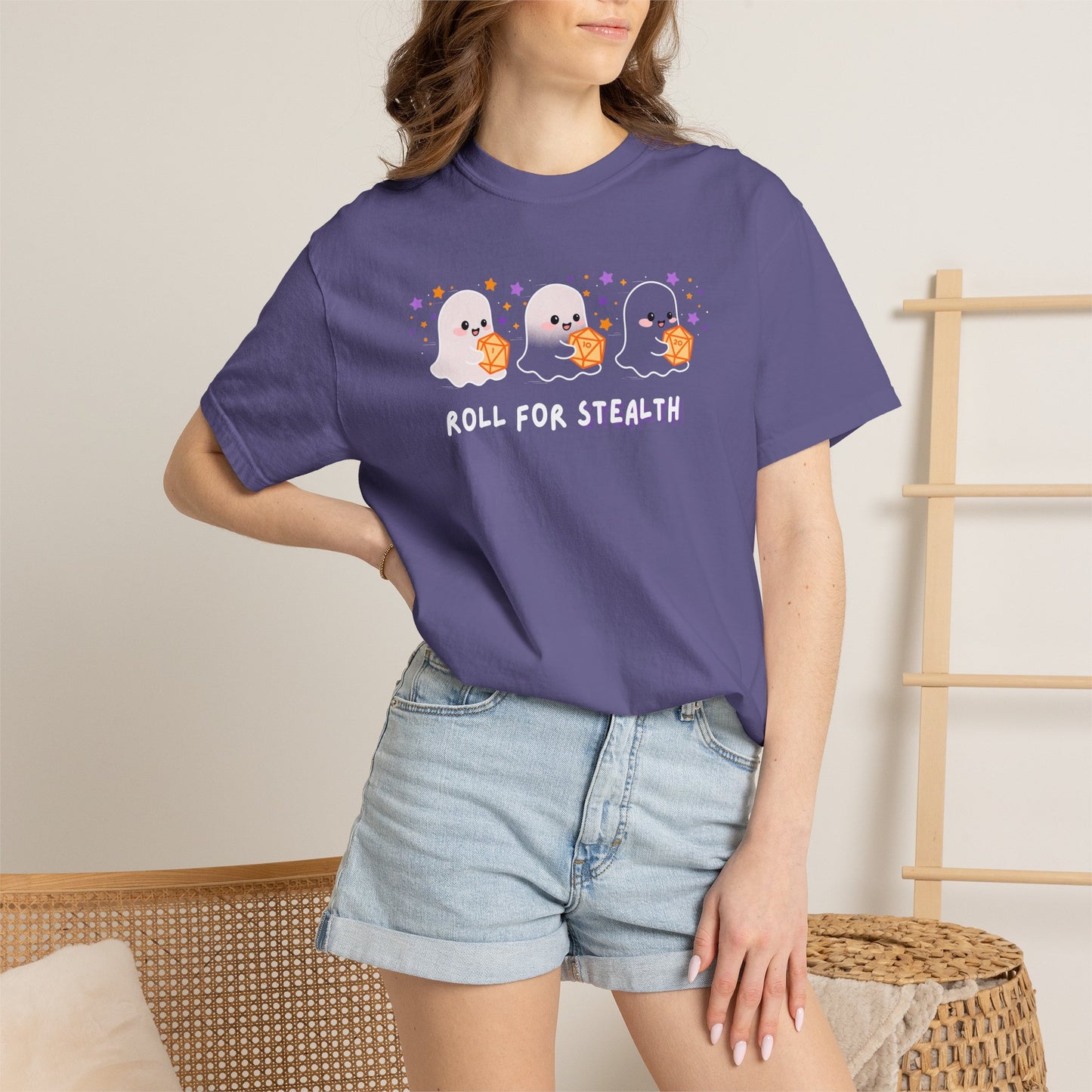 “Roll for Stealth” Ghost Dice Comfort Colors Tee | Cute Halloween TTRPG T-Shirt | Ghost Tabletop Gamer Shirt