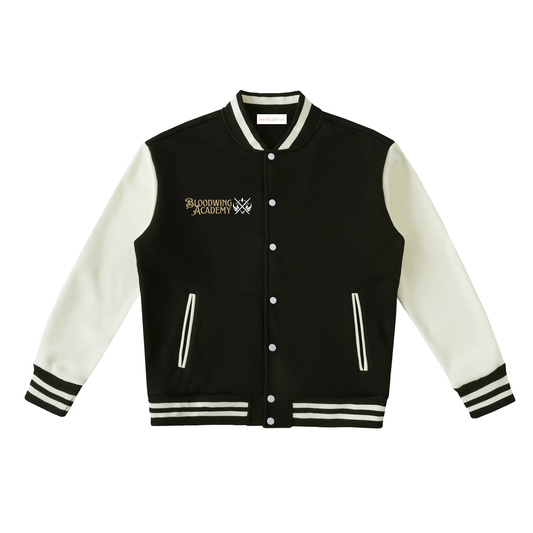 Black and cream varsity jacket featuring Bloodwing Academy fantasy artwork with front chest logo and oversized back graphic inspired by Briar Boleyn’s romantasy series.