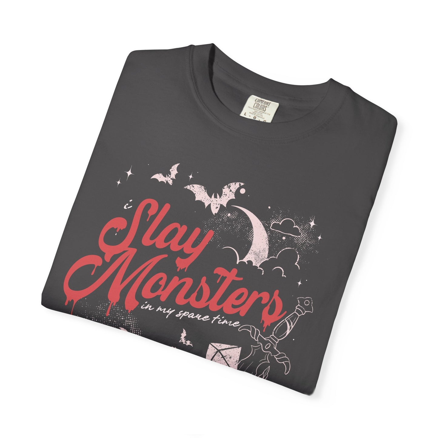 “I Slay Monsters in My Spare Time” Comfort Colors Tee | Dark Fantasy TTRPG Graphic T-Shirt | Gothic Tabletop Gamer Shirt