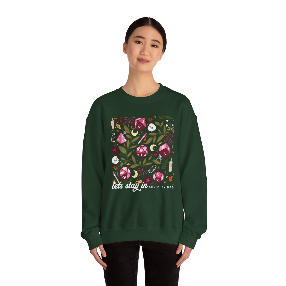 “Let’s Stay In” Dark Botanical Dice Crewneck Sweatshirt