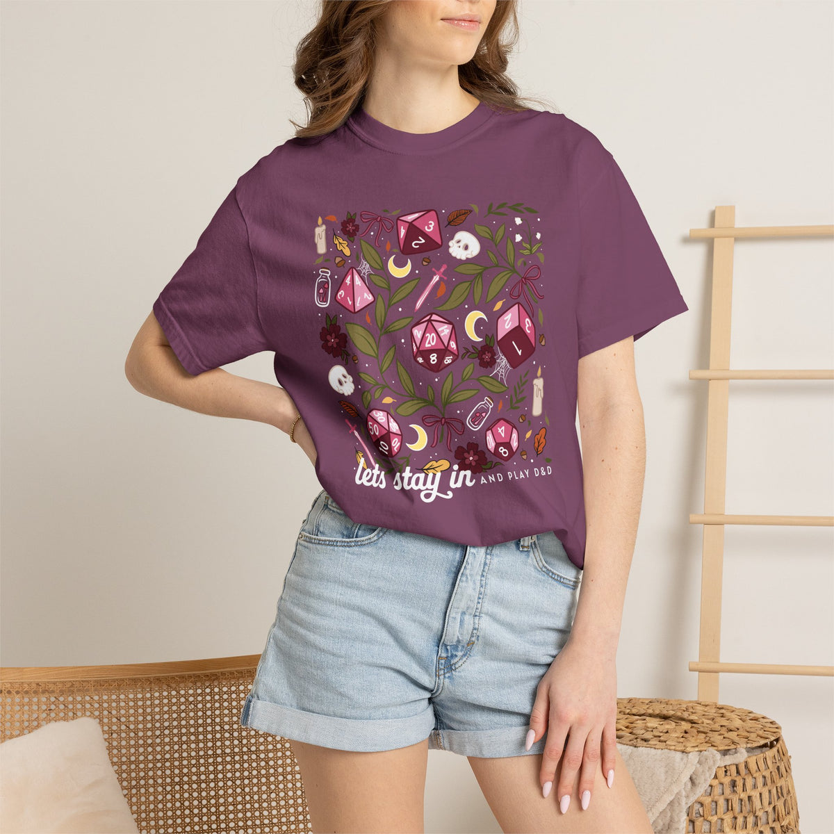 “Let’s Stay In” Tabletop Game Night Tee | Dark Academia Dice & Botanical Comfort Colors Shirt | Cozy TTRPG Graphic T-Shirt