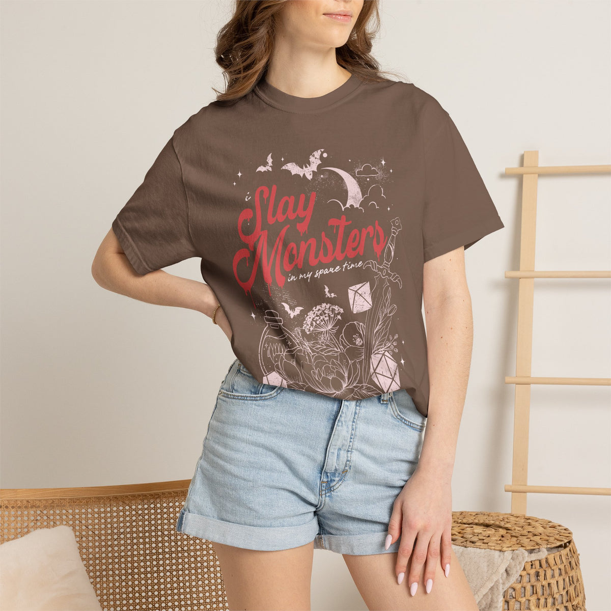 “I Slay Monsters in My Spare Time” Comfort Colors Tee | Dark Fantasy TTRPG Graphic T-Shirt | Gothic Tabletop Gamer Shirt