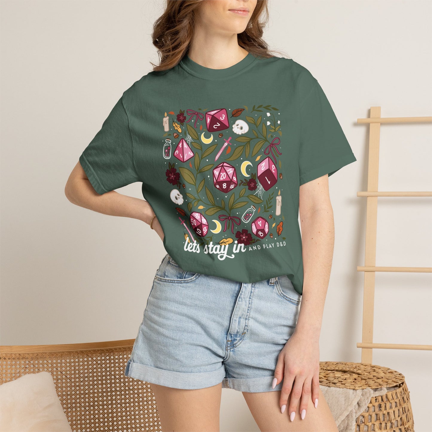 “Let’s Stay In” Tabletop Game Night Tee | Dark Academia Dice & Botanical Comfort Colors Shirt | Cozy TTRPG Graphic T-Shirt