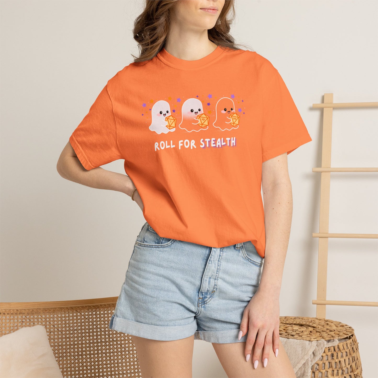 “Roll for Stealth” Ghost Dice Comfort Colors Tee | Cute Halloween TTRPG T-Shirt | Ghost Tabletop Gamer Shirt