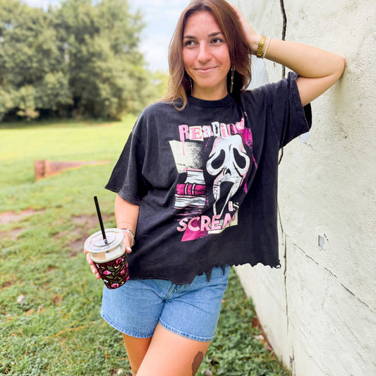Reading Is A Scream Vintage Wash Boxy Distressed Hem T-Shirt