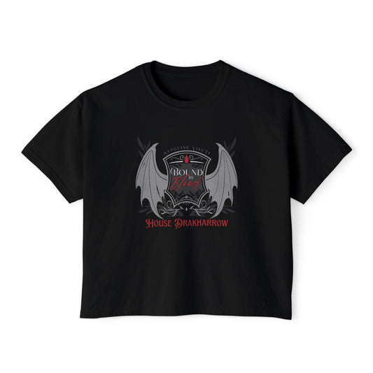 House Drakharrow Bloodwing Academy Boxy Tee | Licensed Fantasy Book Shirt | Cropped Fit Romantasy Top