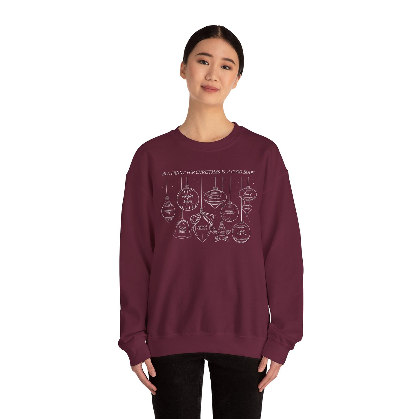 Christmas Ornaments Crewneck Sweatshirt – 'All I Want for Christmas is a Good Book'