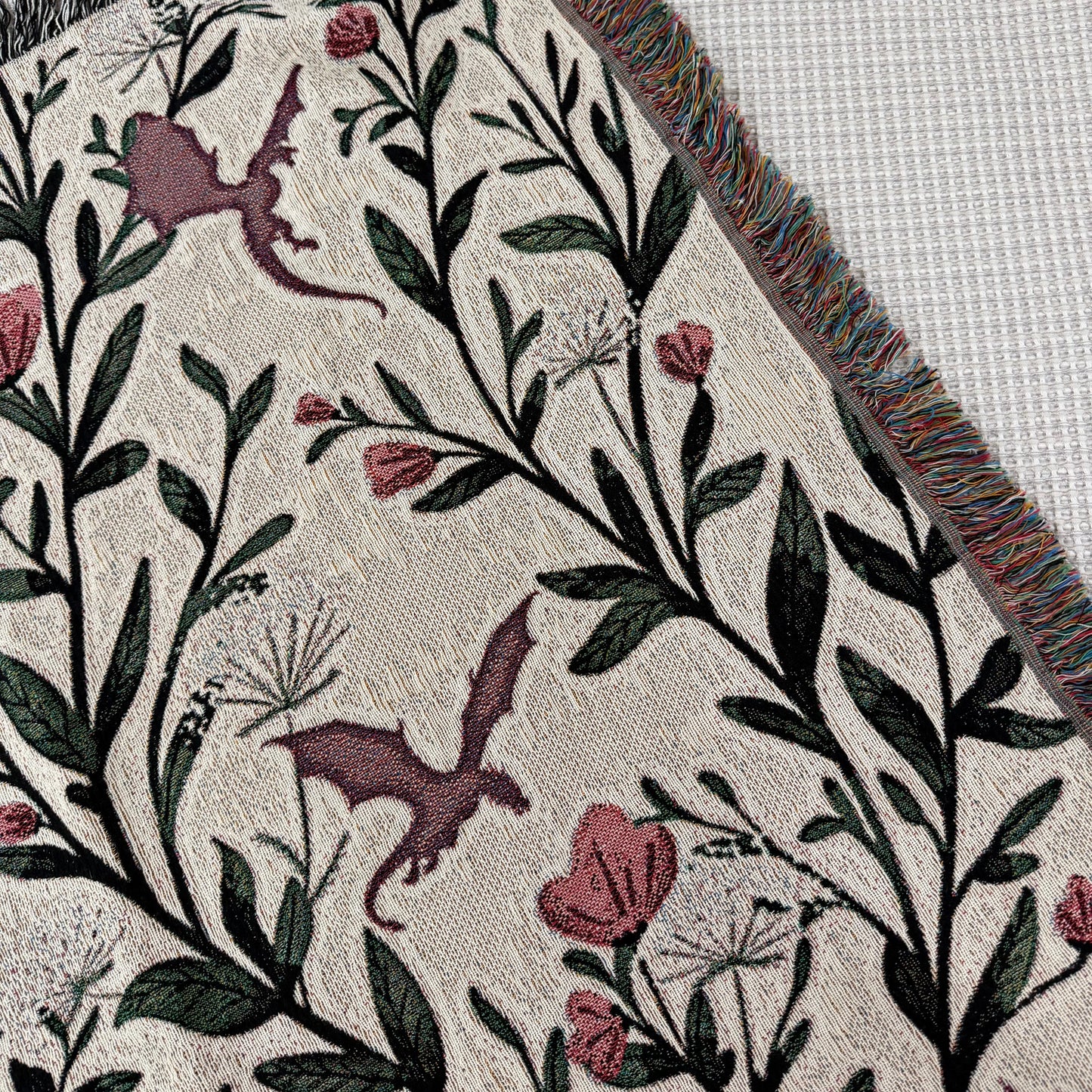 Fantasy Floral Dragons Woven Blanket, Fantasy Book Lover Gift, Romantasy Reader