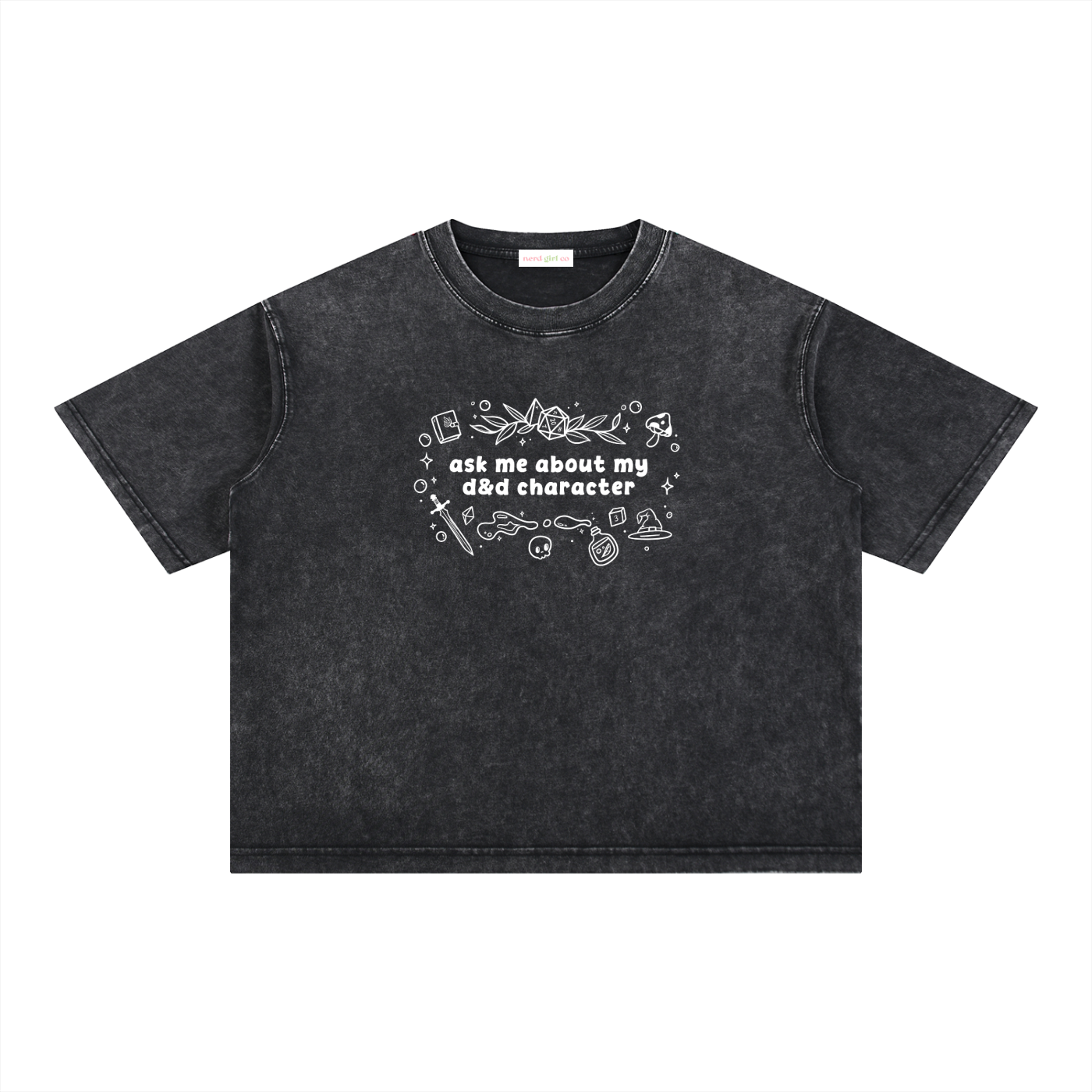 Ask Me About My D&D Character Mineral Wash Boxy Tee | Oversized TTRPG Graphic T-Shirt