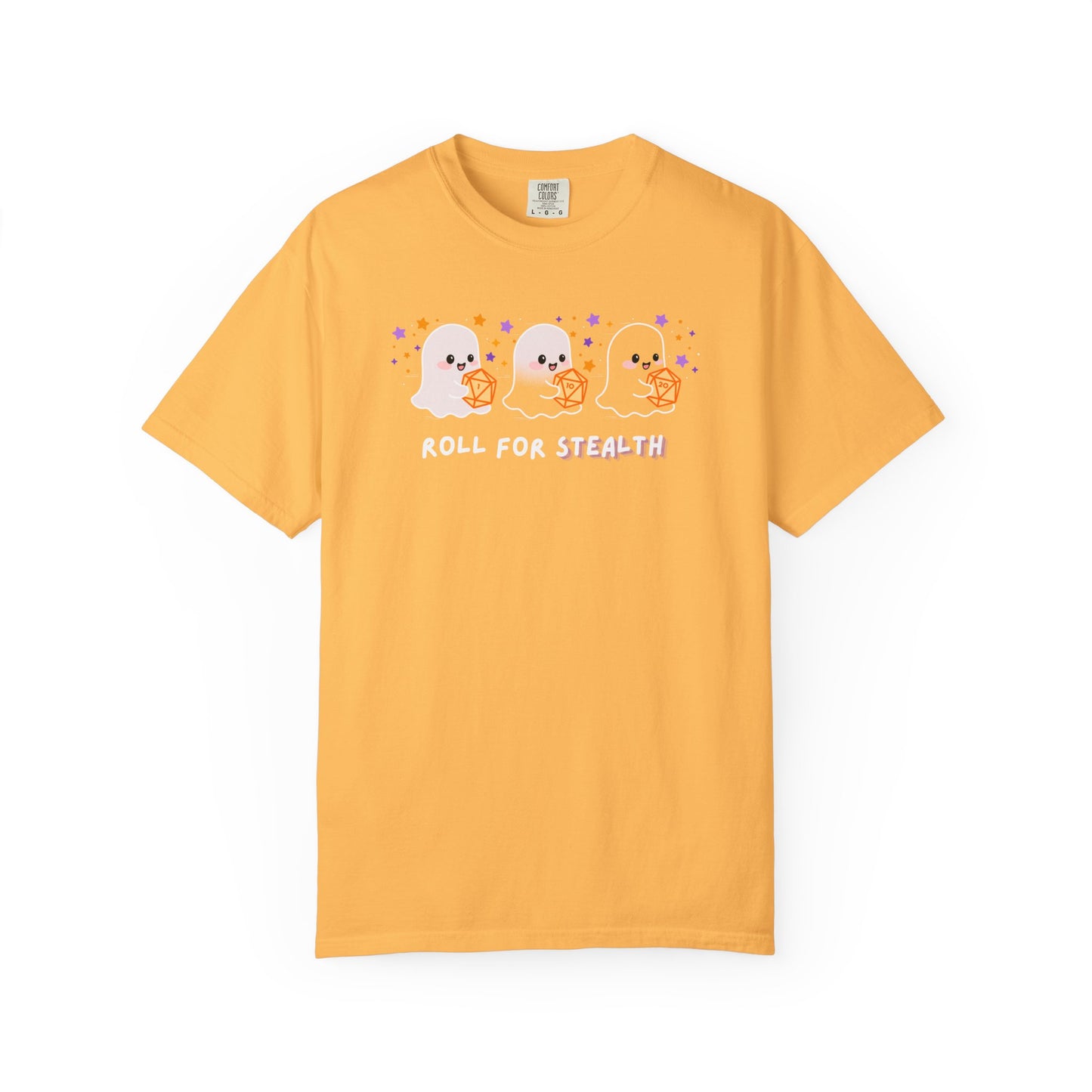 “Roll for Stealth” Ghost Dice Comfort Colors Tee | Cute Halloween TTRPG T-Shirt | Ghost Tabletop Gamer Shirt