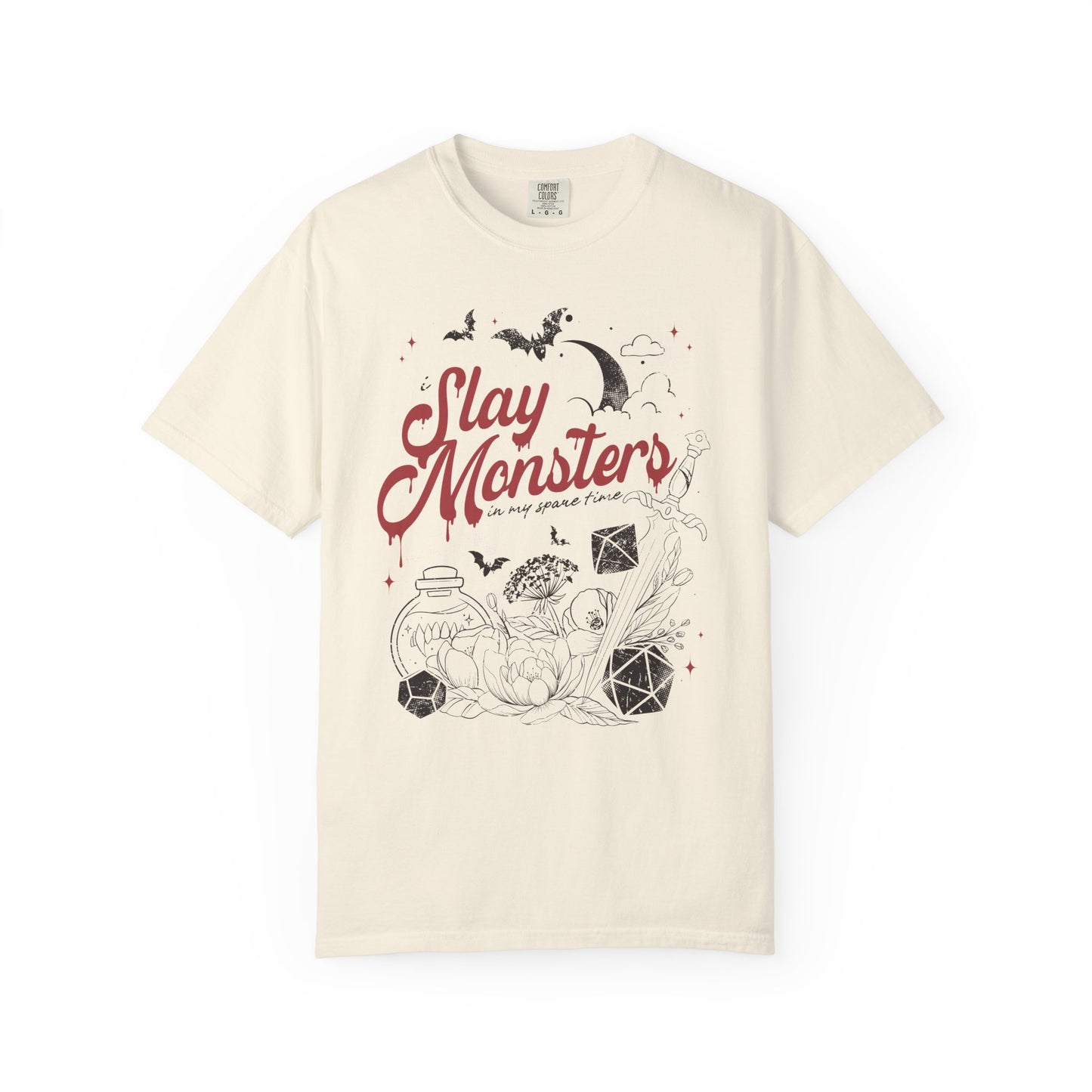 “I Slay Monsters in My Spare Time” Comfort Colors Tee | Dark Fantasy TTRPG Graphic T-Shirt | Gothic Tabletop Gamer Shirt