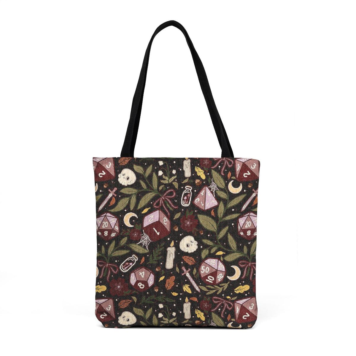 Dark Botanical Dice Tote Bag | Woven TTRPG Tote | Skulls, Moons & Dice