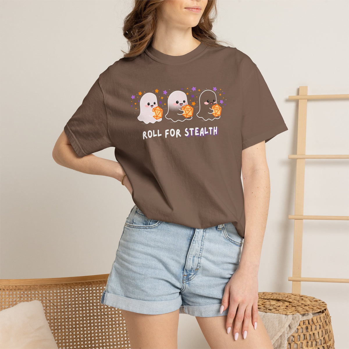 “Roll for Stealth” Ghost Dice Comfort Colors Tee | Cute Halloween TTRPG T-Shirt | Ghost Tabletop Gamer Shirt