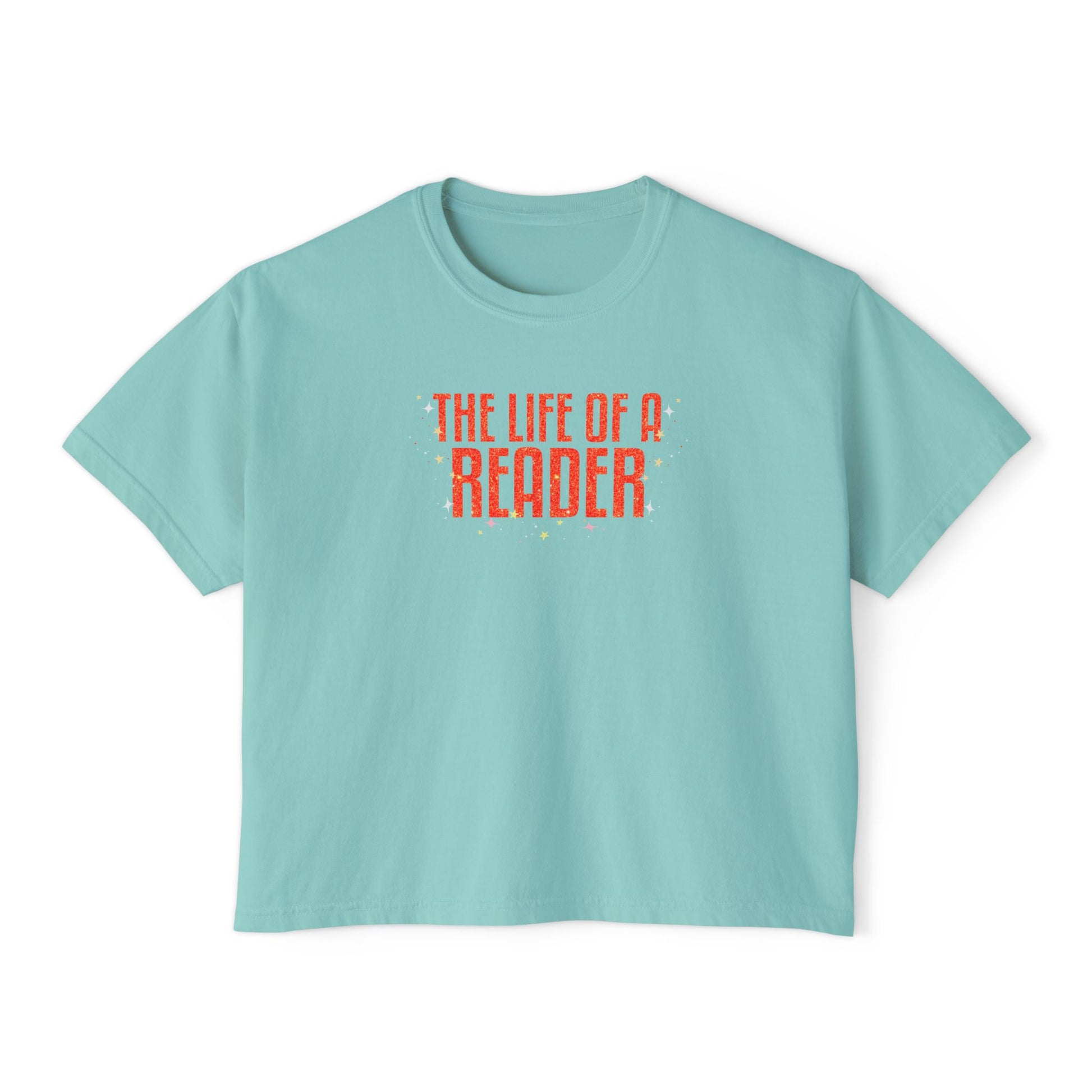 "The Life of a Reader" T-Shirt graphic t-shirt, chalky mint flat lay front view