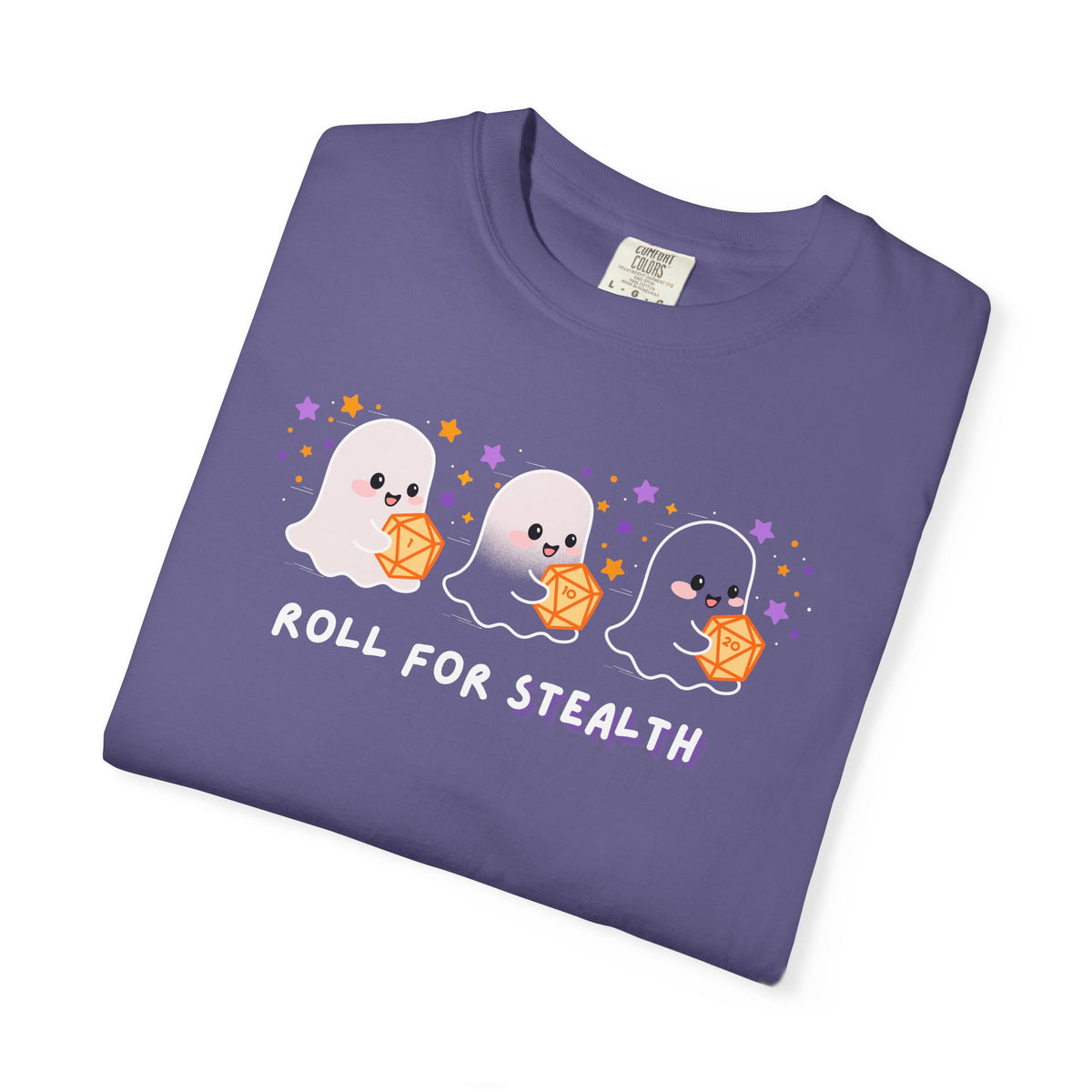 “Roll for Stealth” Ghost Dice Comfort Colors Tee | Cute Halloween TTRPG T-Shirt | Ghost Tabletop Gamer Shirt