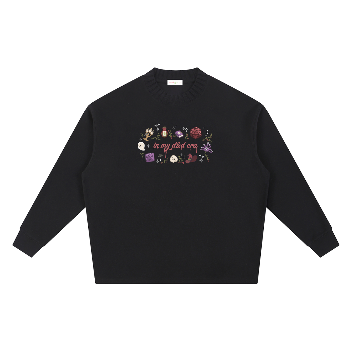 “In My Fantasy Era” Ribbed Knit Collar Sweatshirt | Dark Academia TTRPG Crewneck | Witchy Dice & Potion Graphic Sweatshirt