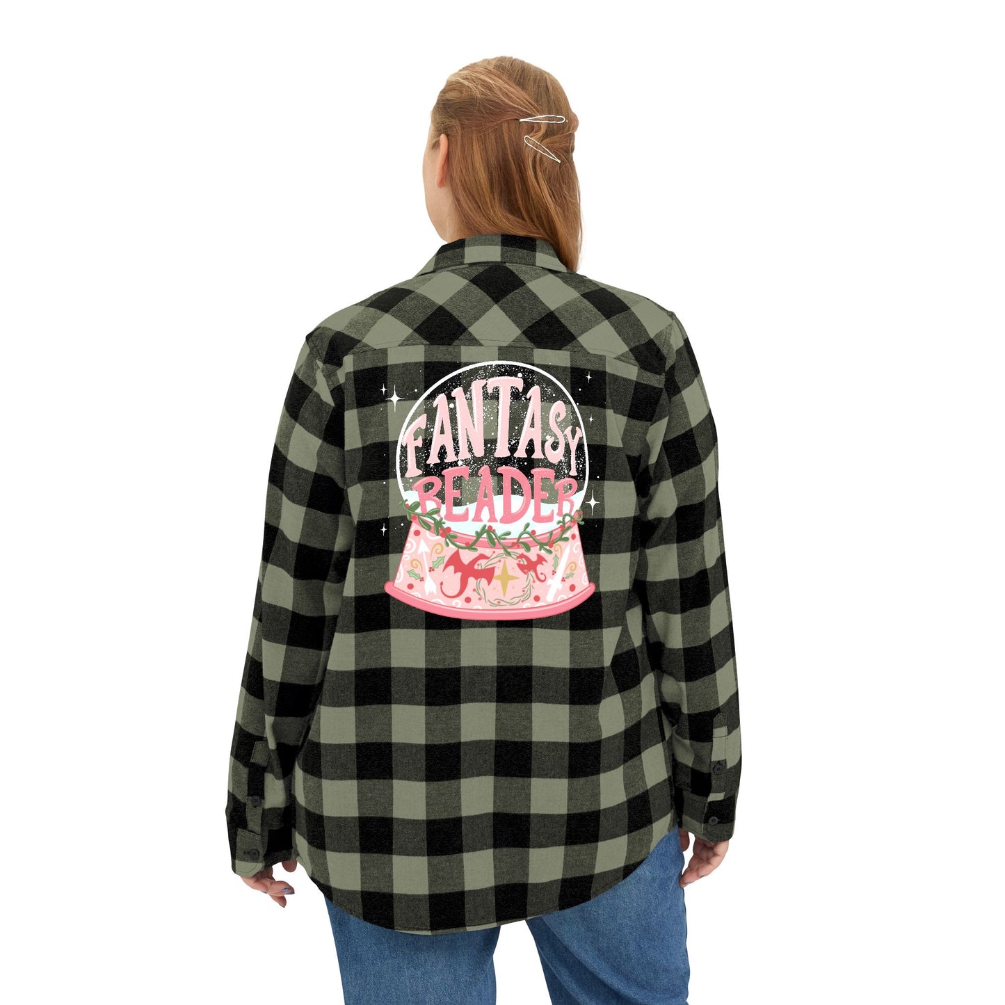 Fantasy Reader Snowglobe Buffalo Plaid Flannel Shirt | Bookish Christmas Gift for Women