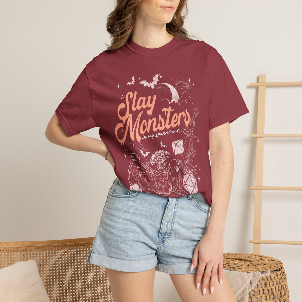 “I Slay Monsters in My Spare Time” Comfort Colors Tee | Dark Fantasy TTRPG Graphic T-Shirt | Gothic Tabletop Gamer Shirt