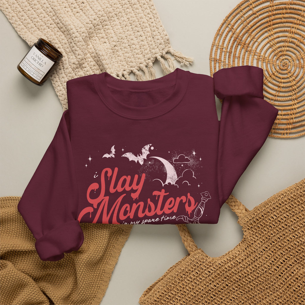 “I Slay Monsters in My Spare Time” Sweatshirt | Dark Fantasy TTRPG Crewneck | Gothic Tabletop Gamer Sweatshirt