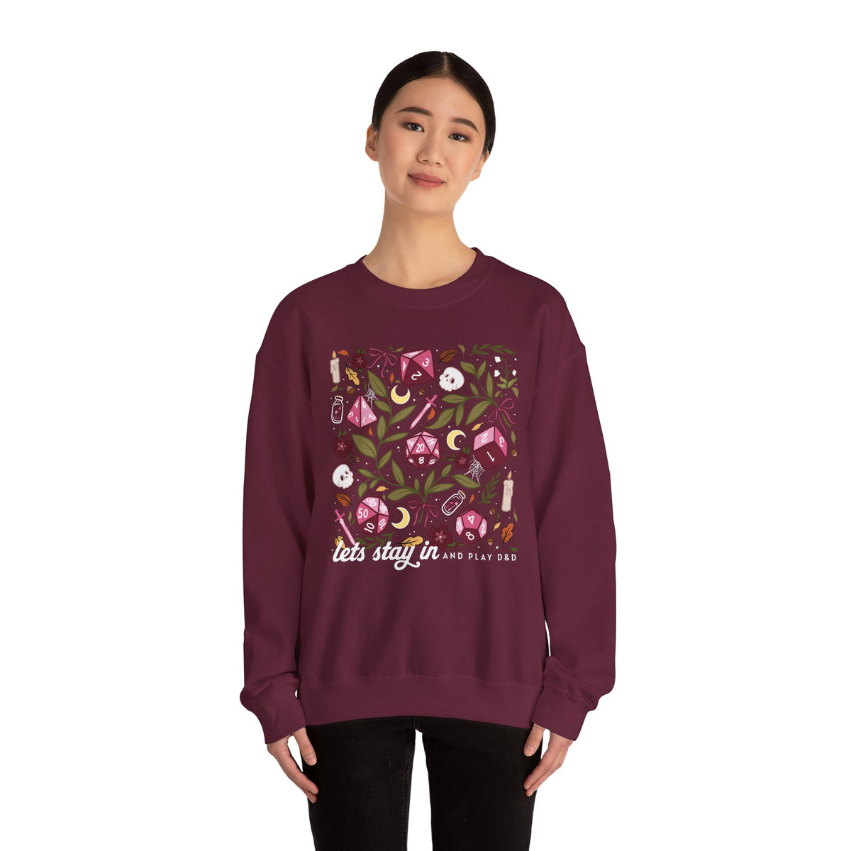 “Let’s Stay In” Dark Botanical Dice Crewneck Sweatshirt