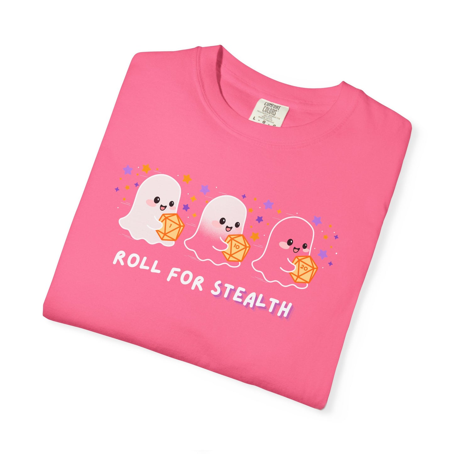 “Roll for Stealth” Ghost Dice Comfort Colors Tee | Cute Halloween TTRPG T-Shirt | Ghost Tabletop Gamer Shirt