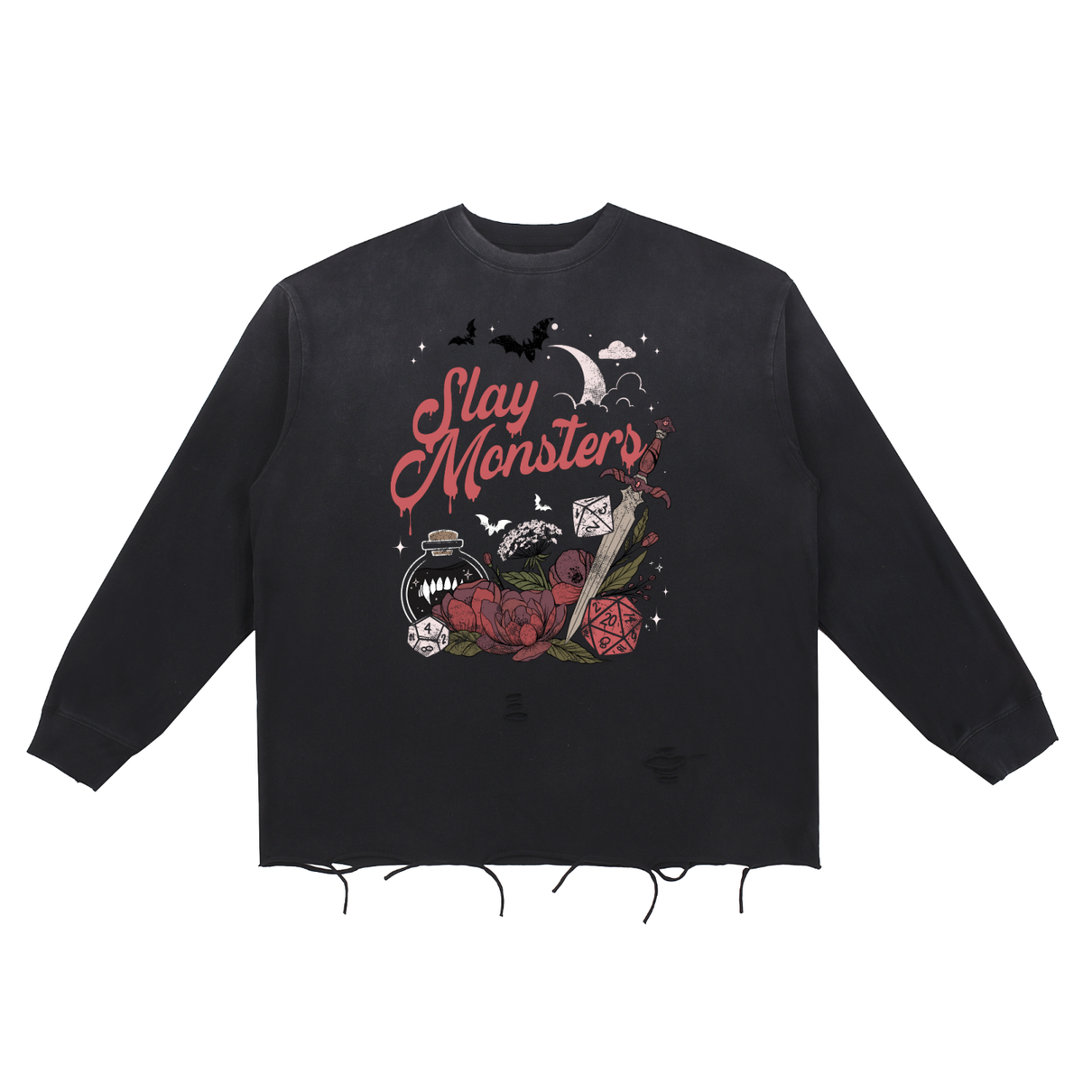 “I Slay Monsters in My Spare Time” Snow Wash Distressed Raw Edge Cotton T-Shirt
