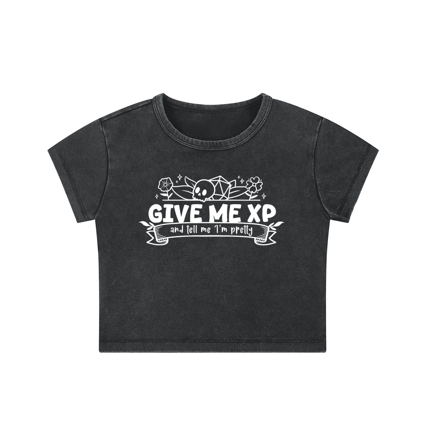 Give Me XP and Tell Me I’m Pretty Women’s Snow Washed Cropped Baby Tee | Cute Fantasy Tabletop RPG Shirt | Gamer Girl Crop Top
