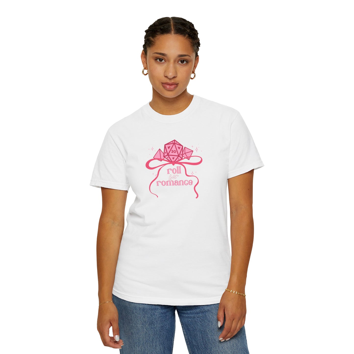 Roll Romance T-Shirt — Pink D20 RPG Tee for Gamers