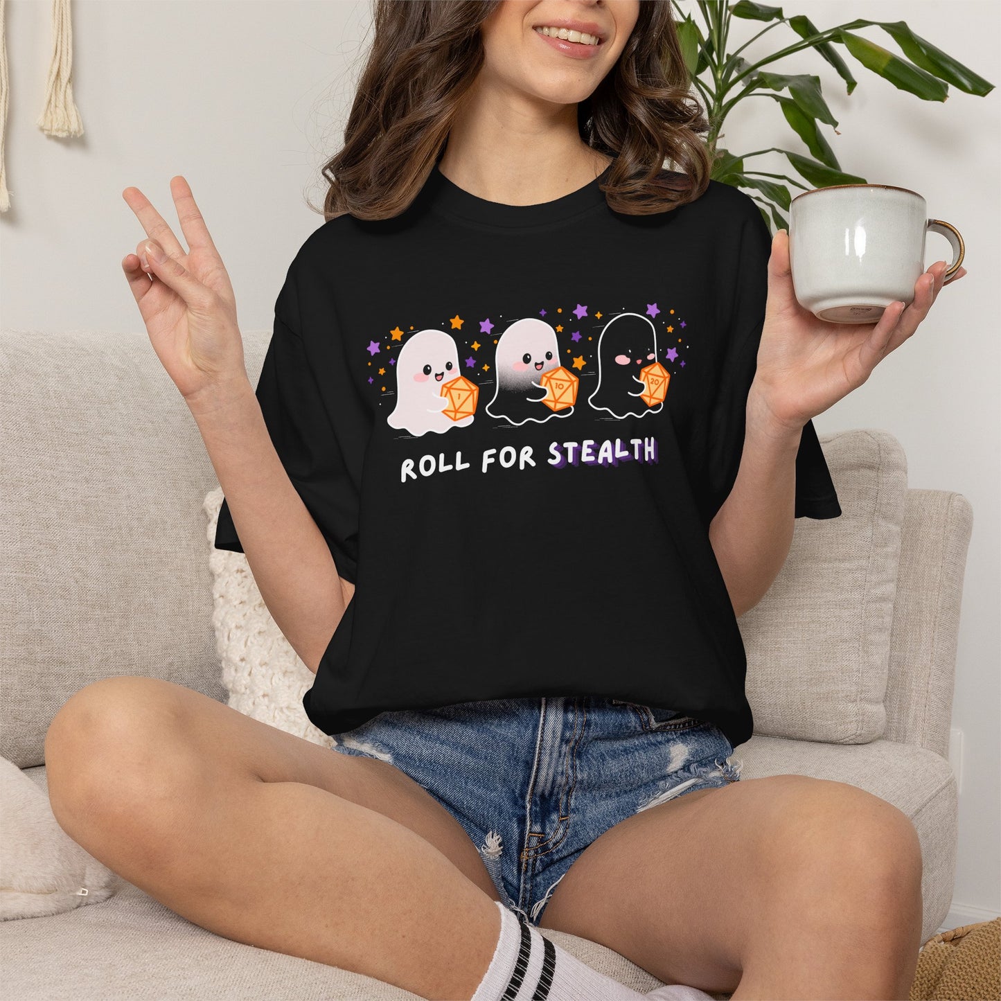 “Roll for Stealth” Ghost Dice Comfort Colors Tee | Cute Halloween TTRPG T-Shirt | Ghost Tabletop Gamer Shirt