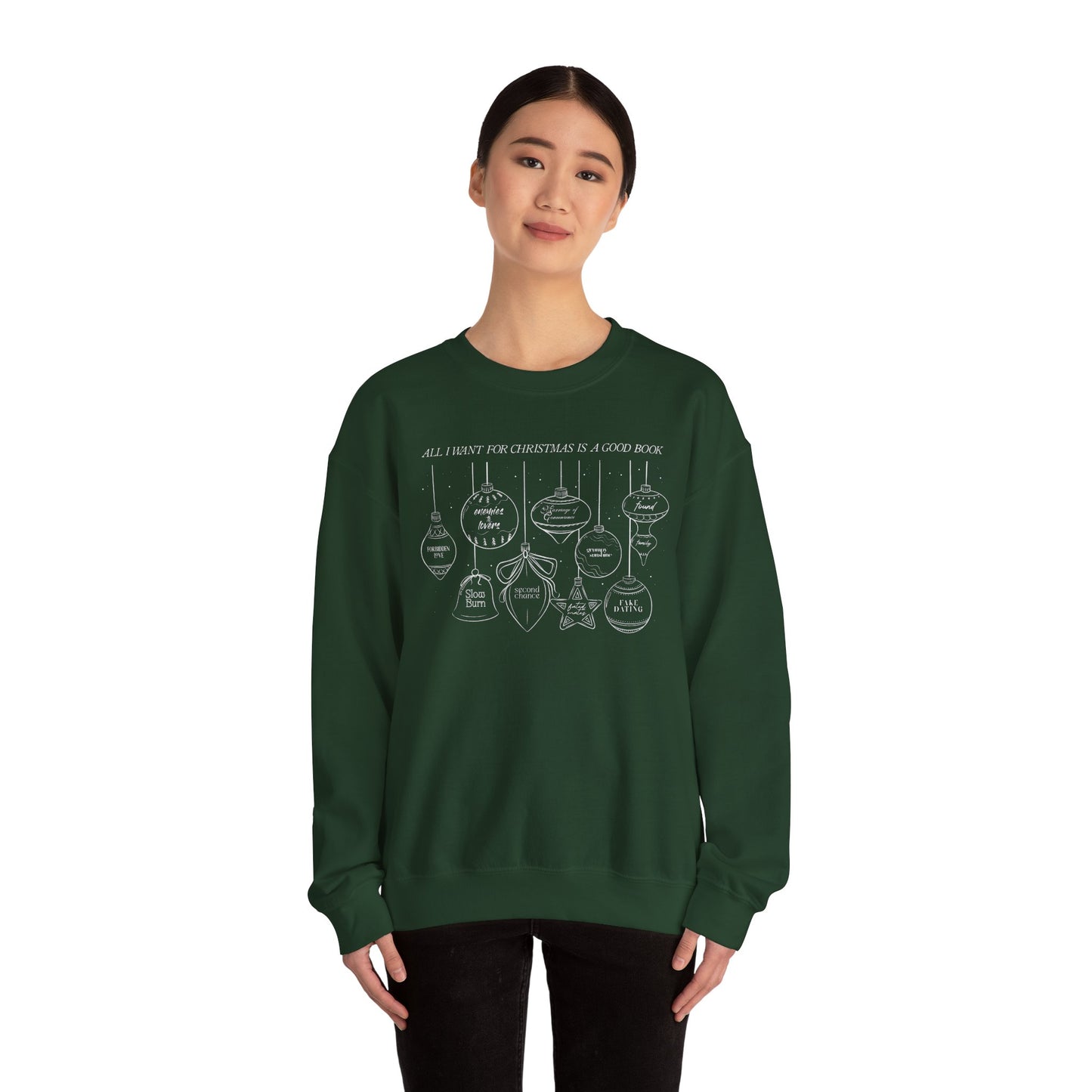 Christmas Ornaments Crewneck Sweatshirt – 'All I Want for Christmas is a Good Book'