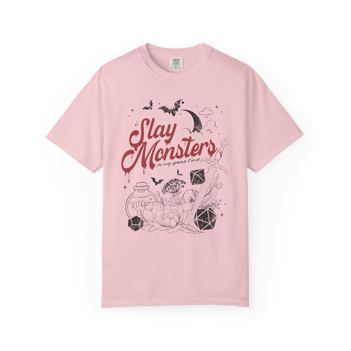 “I Slay Monsters in My Spare Time” Comfort Colors Tee | Dark Fantasy TTRPG Graphic T-Shirt | Gothic Tabletop Gamer Shirt