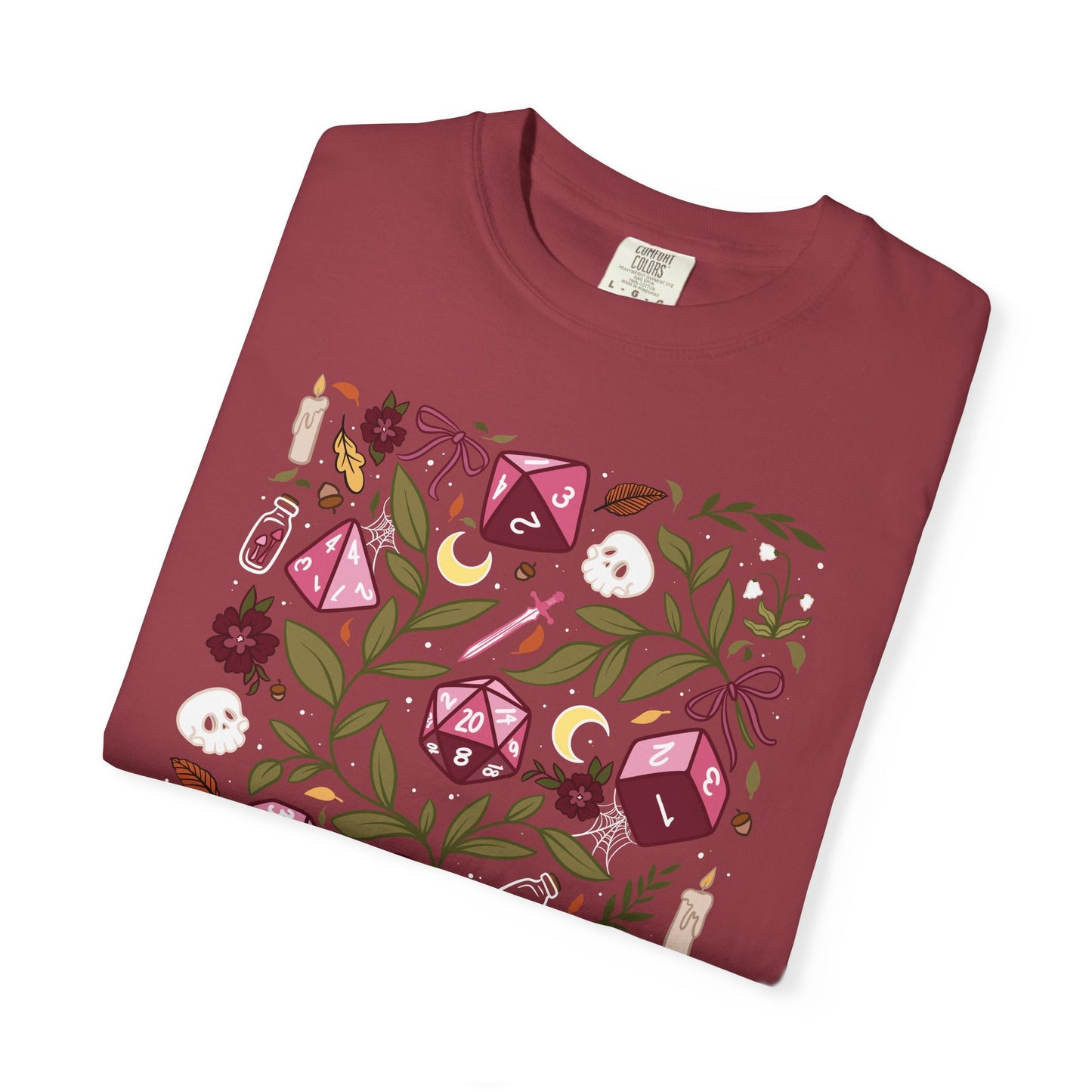 “Let’s Stay In” Tabletop Game Night Tee | Dark Academia Dice & Botanical Comfort Colors Shirt | Cozy TTRPG Graphic T-Shirt