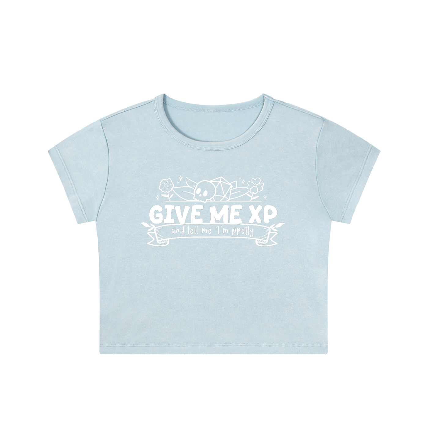Give Me XP and Tell Me I’m Pretty Women’s Snow Washed Cropped Baby Tee | Cute Fantasy Tabletop RPG Shirt | Gamer Girl Crop Top