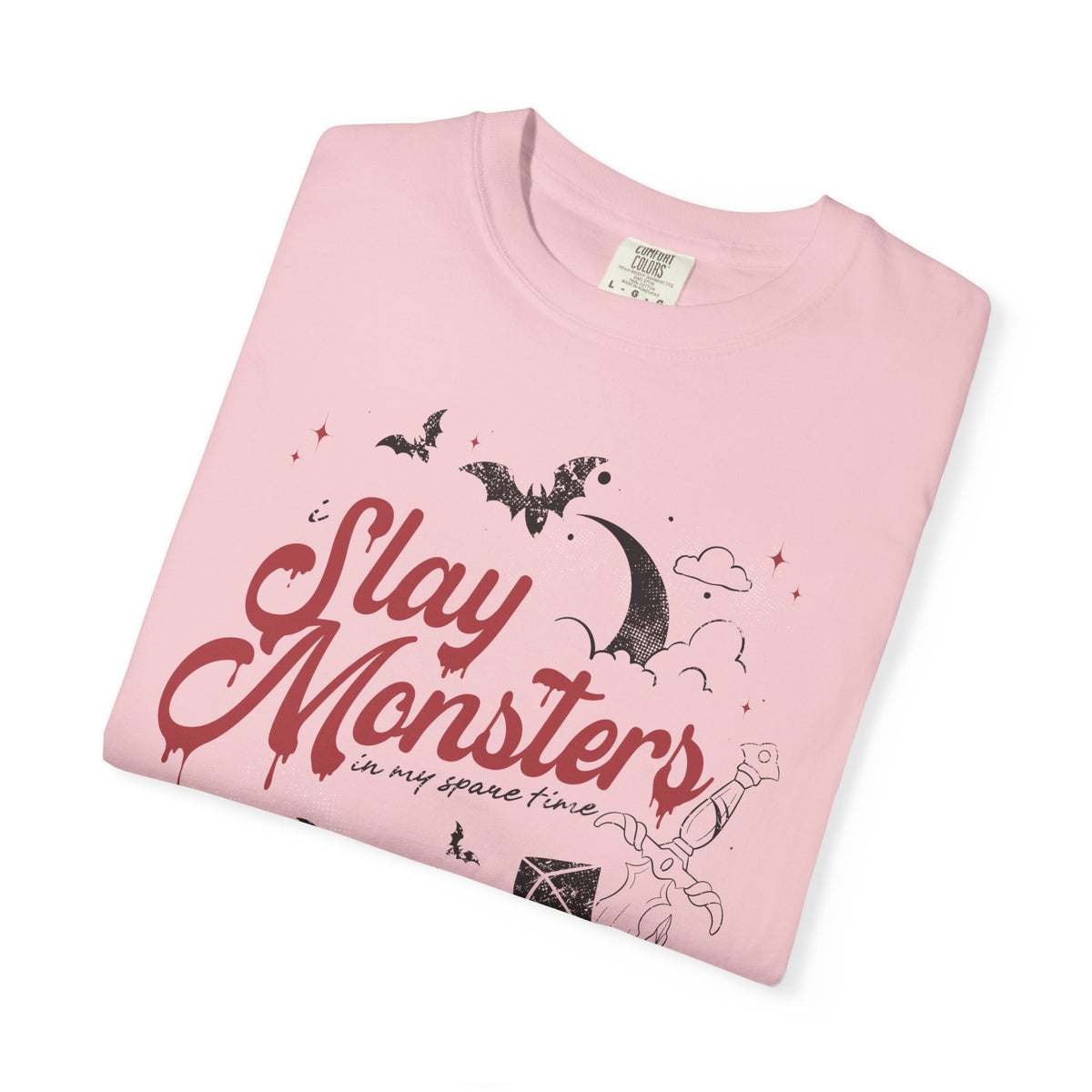 “I Slay Monsters in My Spare Time” Comfort Colors Tee | Dark Fantasy TTRPG Graphic T-Shirt | Gothic Tabletop Gamer Shirt