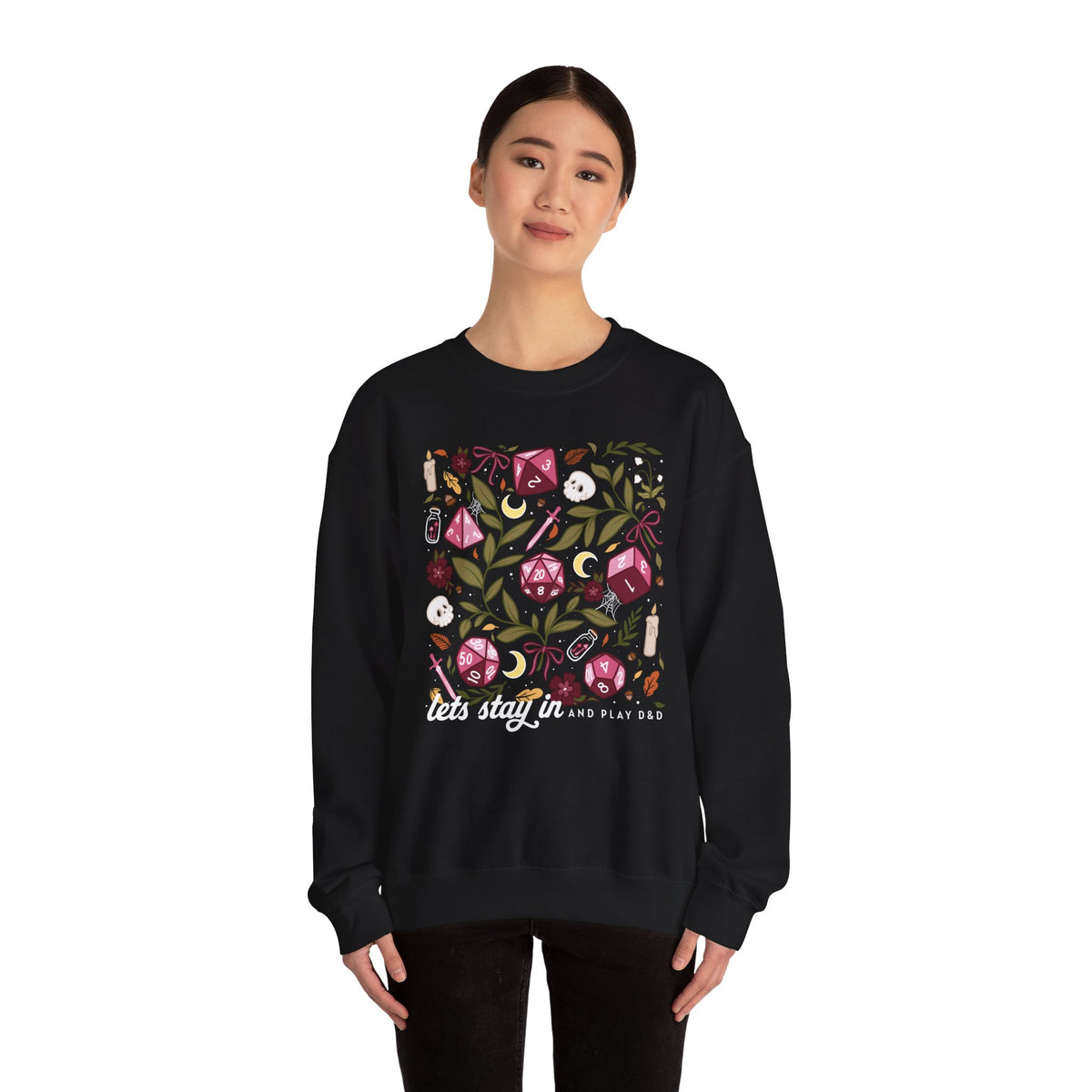 “Let’s Stay In” Dark Botanical Dice Crewneck Sweatshirt